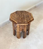 Maraş El Oyma Ceviz Ahşap Yan Sehpa 44x44x46 cm | El Yapımı Dekoratif Sehpa Natural - Görsel 2