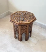 Maraş El Oyma Ceviz Ahşap Yan Sehpa 44x44x46 cm | El Yapımı Dekoratif Sehpa Natural - Görsel 4