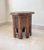 Maraş El Oyma Ceviz Ahşap Yan Sehpa 44x44x46 cm | El Yapımı Dekoratif Sehpa Natural - Görsel 7