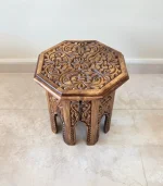 Maraş El Oyma Ceviz Ahşap Yan Sehpa 44x44x46 cm | El Yapımı Dekoratif Sehpa Natural - Görsel 8