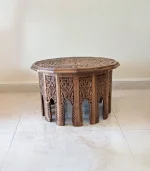 Maraş El Oyma Ceviz Ahşap Orta Sehpa – 73x73x47 cm Klasik Desenli El Yapımı Sehpa Natural - Görsel 5