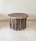 Maraş El Oyma Ceviz Ahşap Orta Sehpa – 73x73x47 cm Klasik Desenli El Yapımı Sehpa Eskitme - Görsel 5